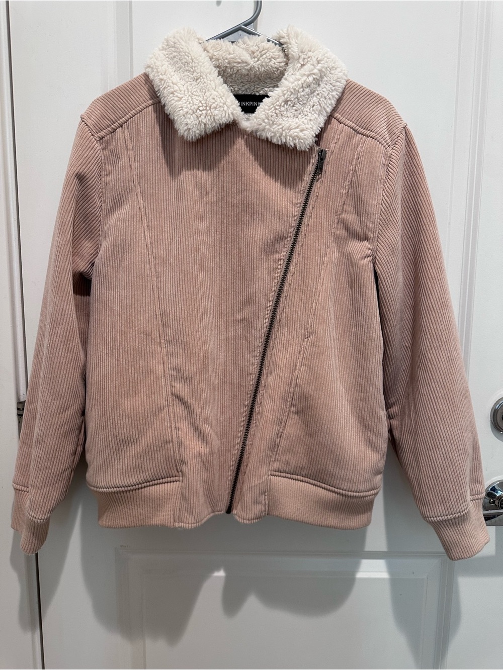 MINKPINK Blush Pink Corduroy Bomber with Cream Faux-Shearling Collar